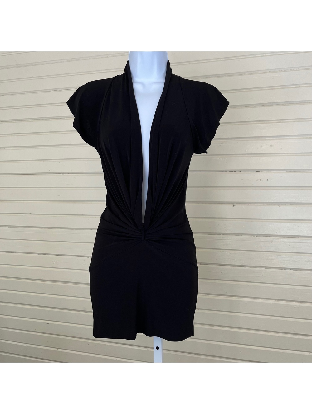 FD Company Black Low Cut Plunge Mini Dress Size S Ruched Bodycon Clubwear